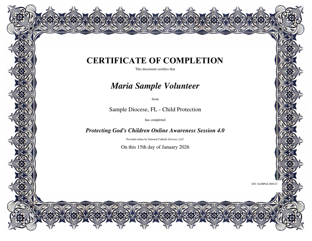 Anonymized sample VIRTUS training certificate preview